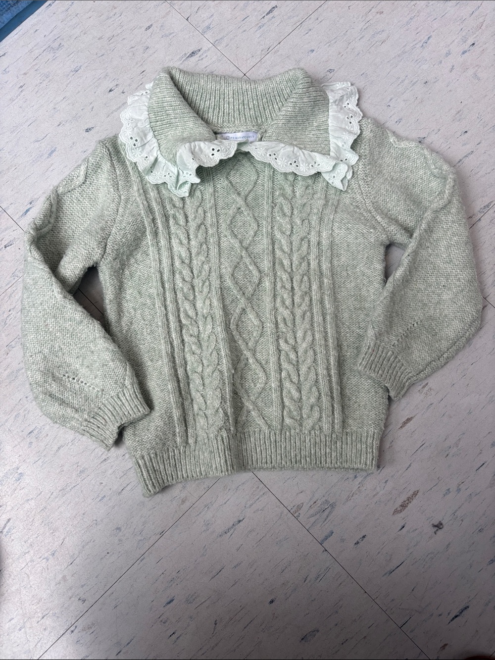 Primark Girls Sage Green Cable Knit Sweater with White Lace Collar